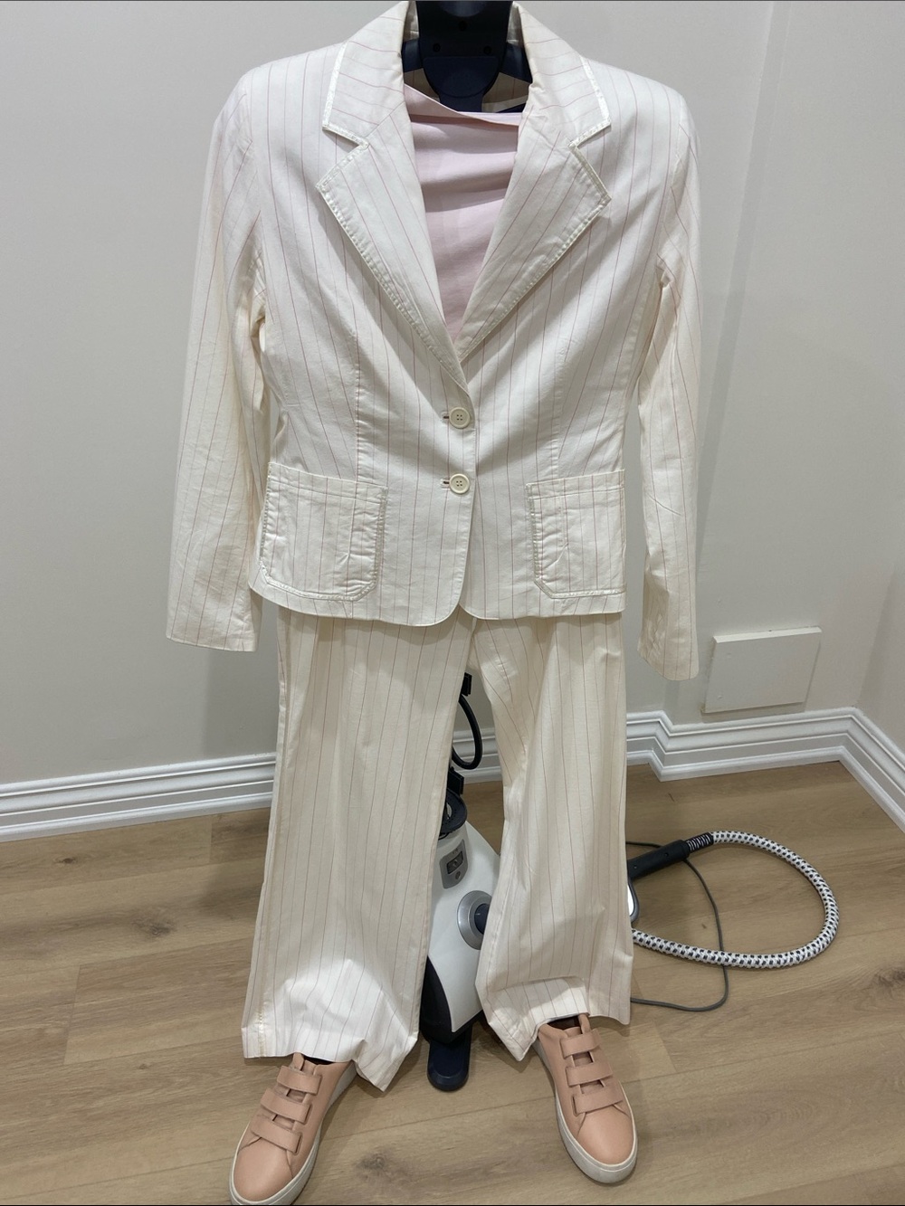 White with Pink Pinstripe Wide Leg Pants & Blazer Set